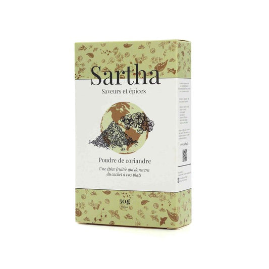 Coriandre poudre Sartha, boite carton 50g sur fond blanc