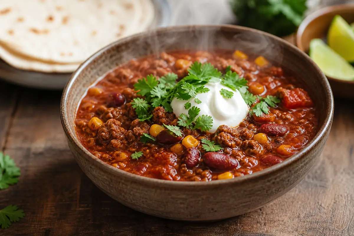 Chili con carne facile dans un bol avec crème et coriandre