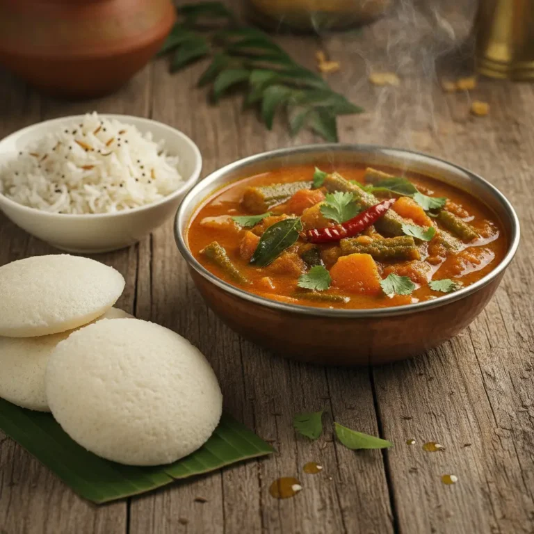 Sambar recette indienne vegetarienne aux lentilles legumes idli et riz basmati